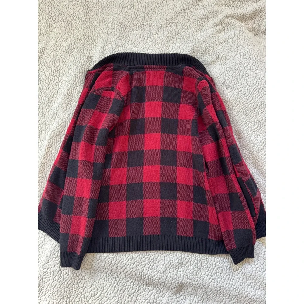 Roebuck & Co Mens Buffalo Plaid Full Zip Cardigan Sweater Red Black Large